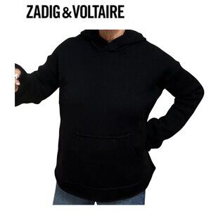 Zadig & Voltaire Sweater Women's Large Black Merino Wool Hoodie Kangaroo Pocket